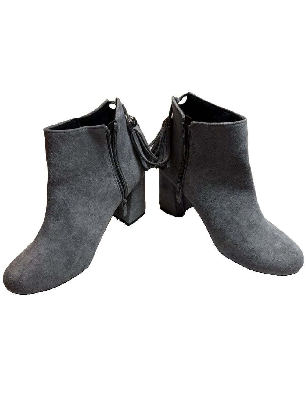 Luichiny Gray Faux Suede Ankle Boots Block Heel Tassel Zip US 7/UE 5/UK 37.5